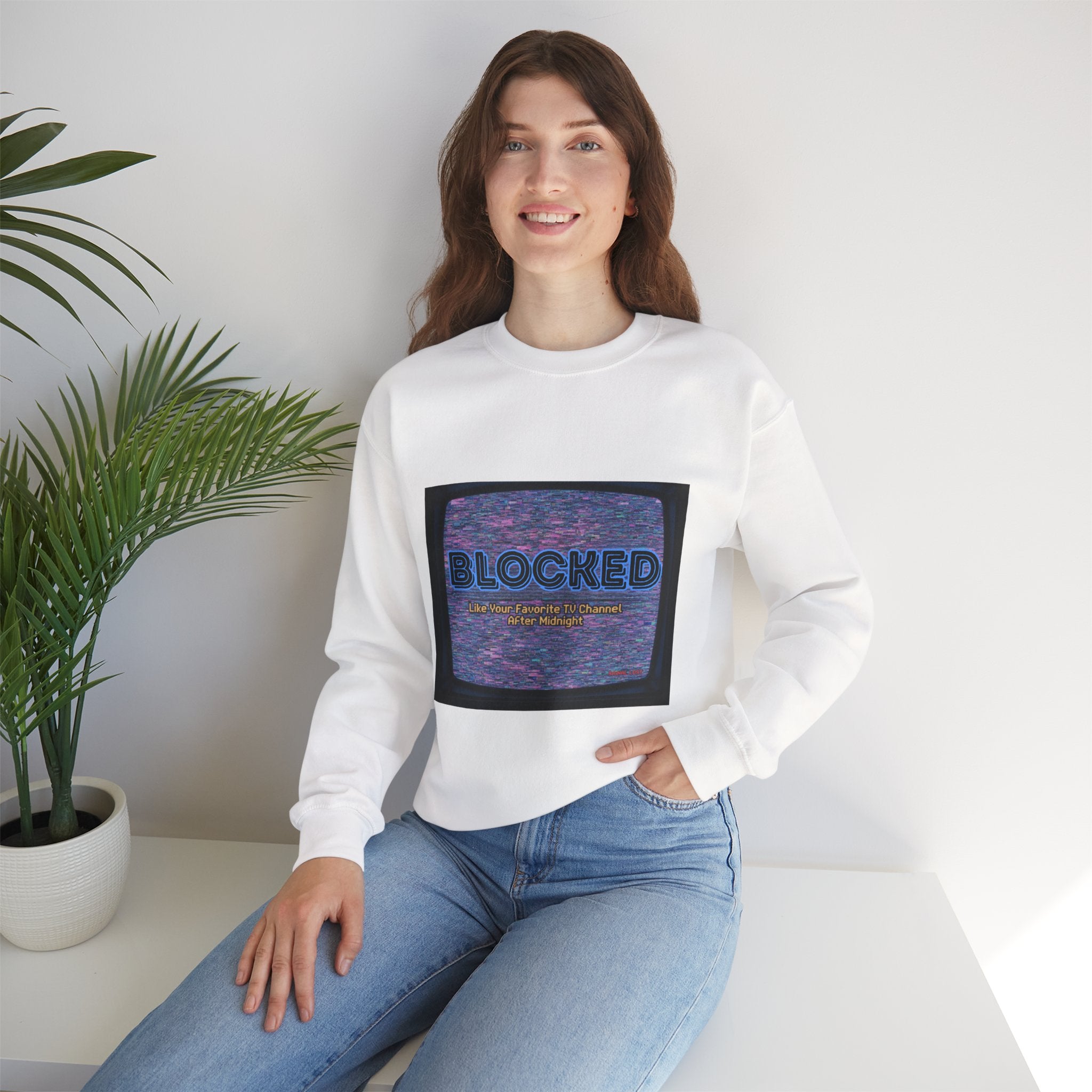 Blocked Retro TV Crewneck Sweatshirt — Glitch Aesthetic Graphic Sweatshirt