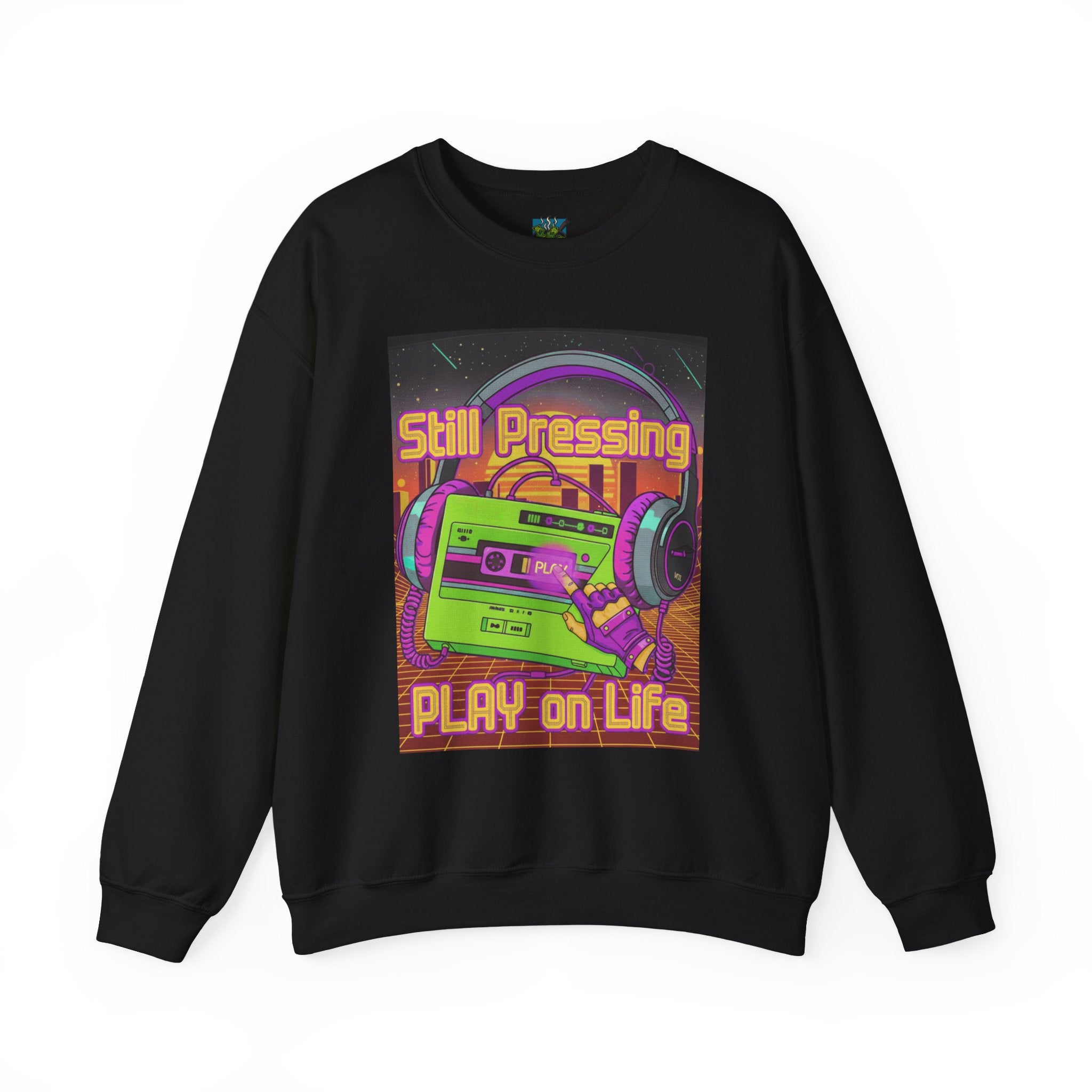 Retro Cassette Sweatshirt — "Still Pressing, Play on Life" Vintage Music Crewneck