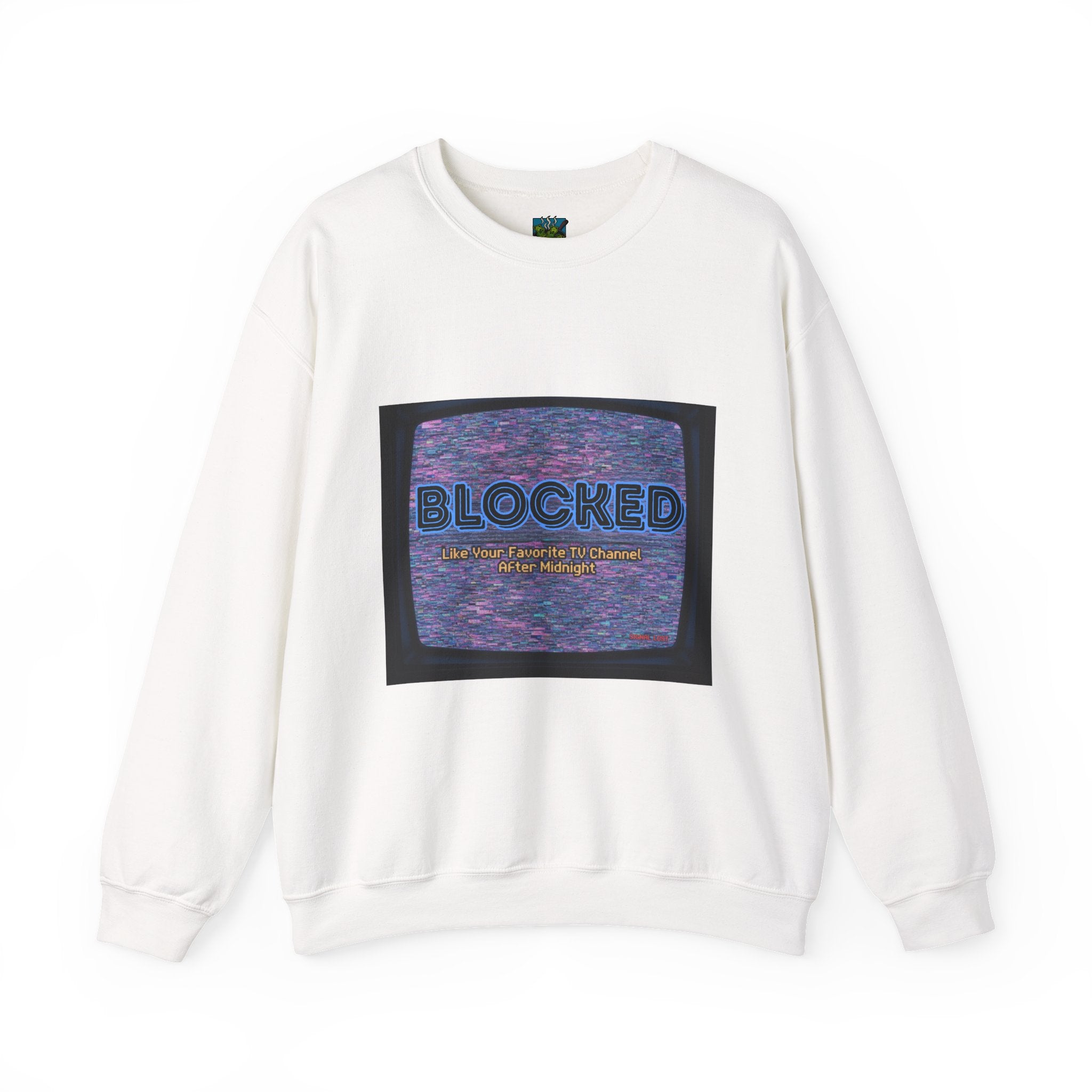 Blocked Retro TV Crewneck Sweatshirt — Glitch Aesthetic Graphic Sweatshirt