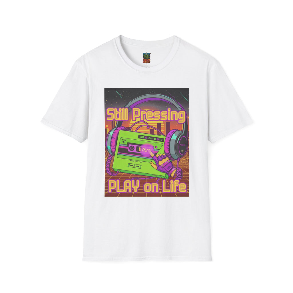 Retro Cassette T‑Shirt — "Still Pressing Play on Life" Vintage Music Tee