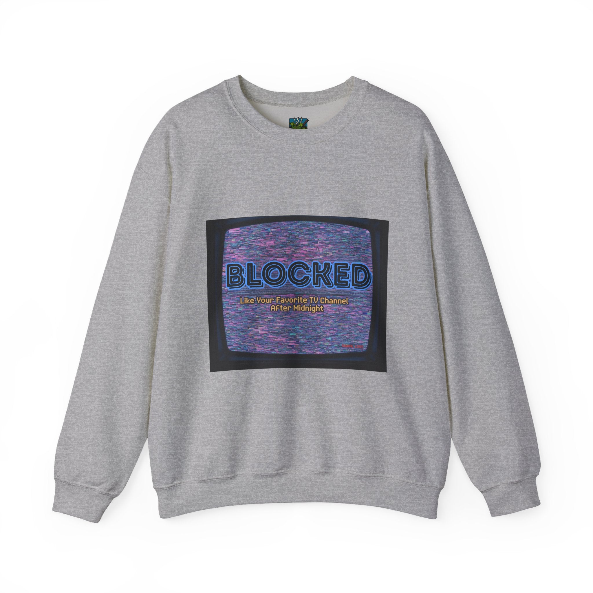 Blocked Retro TV Crewneck Sweatshirt — Glitch Aesthetic Graphic Sweatshirt