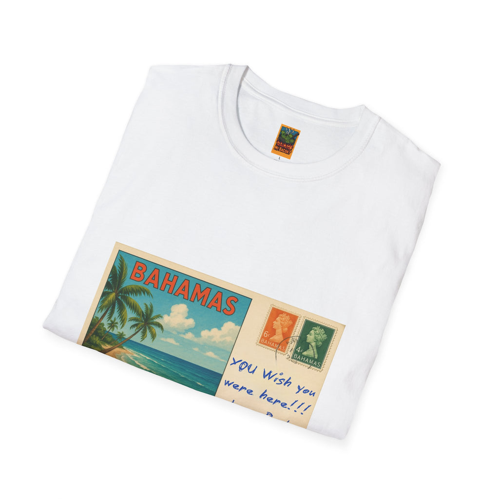Bahamas Vintage Postcard T-Shirt | Tropical Beach, Palm Trees, Kiss Mark