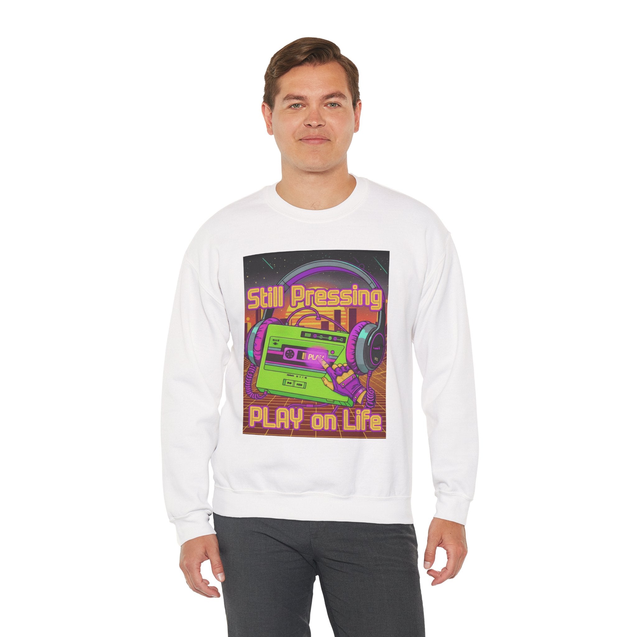 Retro Cassette Sweatshirt — "Still Pressing, Play on Life" Vintage Music Crewneck