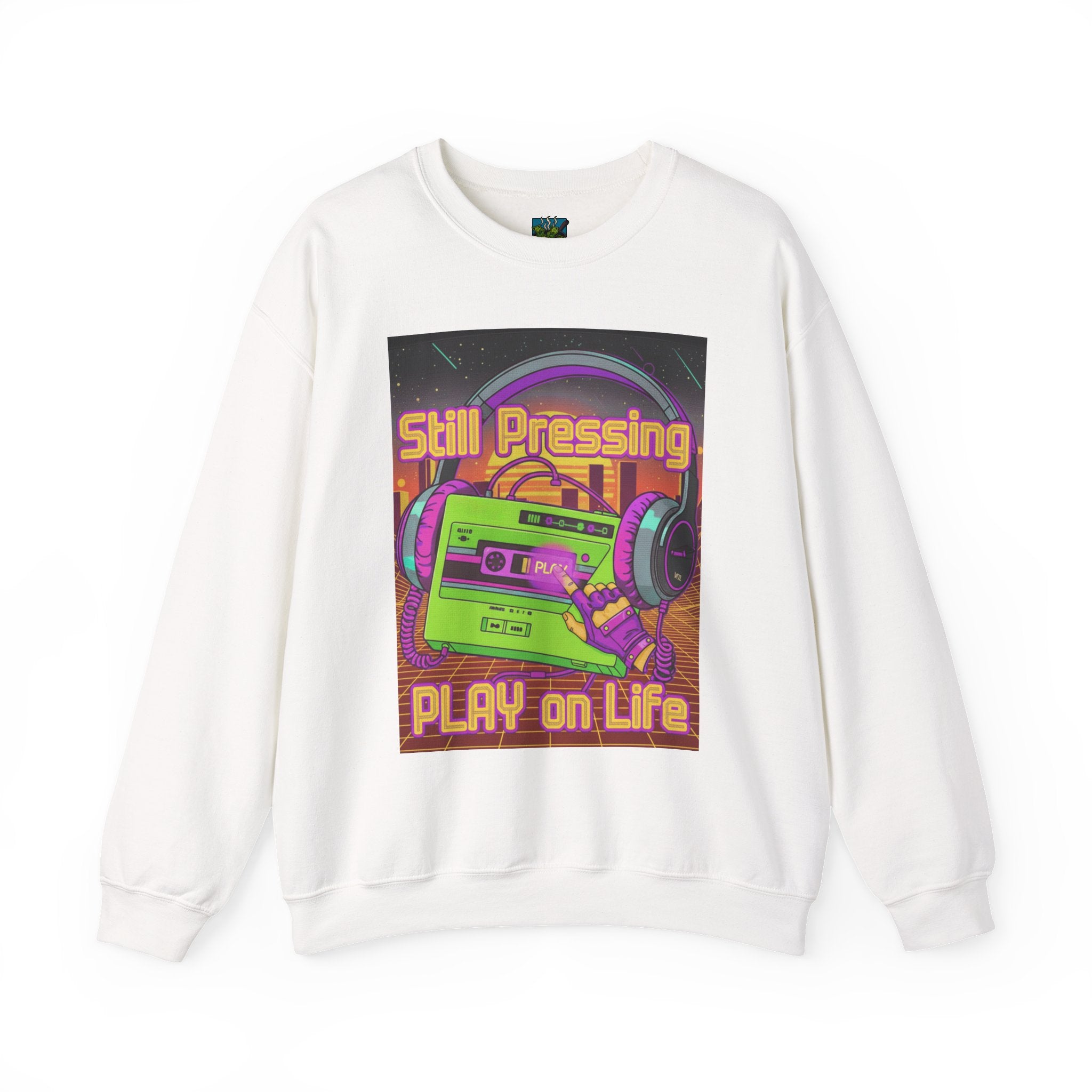 Retro Cassette Sweatshirt — "Still Pressing, Play on Life" Vintage Music Crewneck
