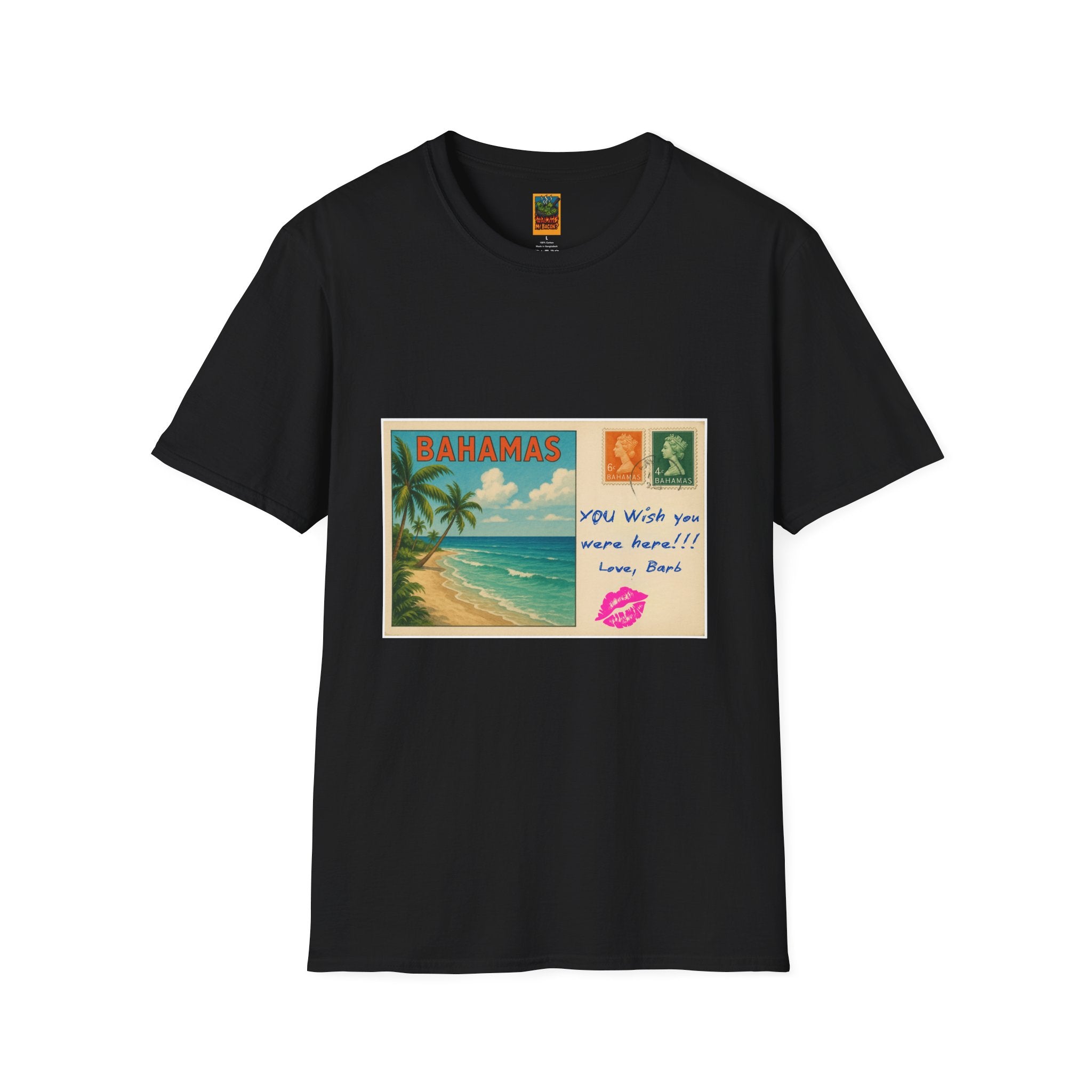 Bahamas Vintage Postcard T-Shirt | Tropical Beach, Palm Trees, Kiss Mark