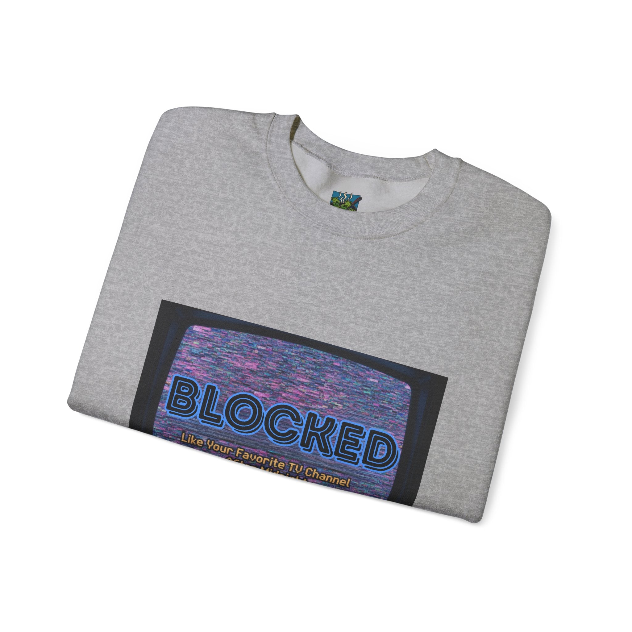 Blocked Retro TV Crewneck Sweatshirt — Glitch Aesthetic Graphic Sweatshirt