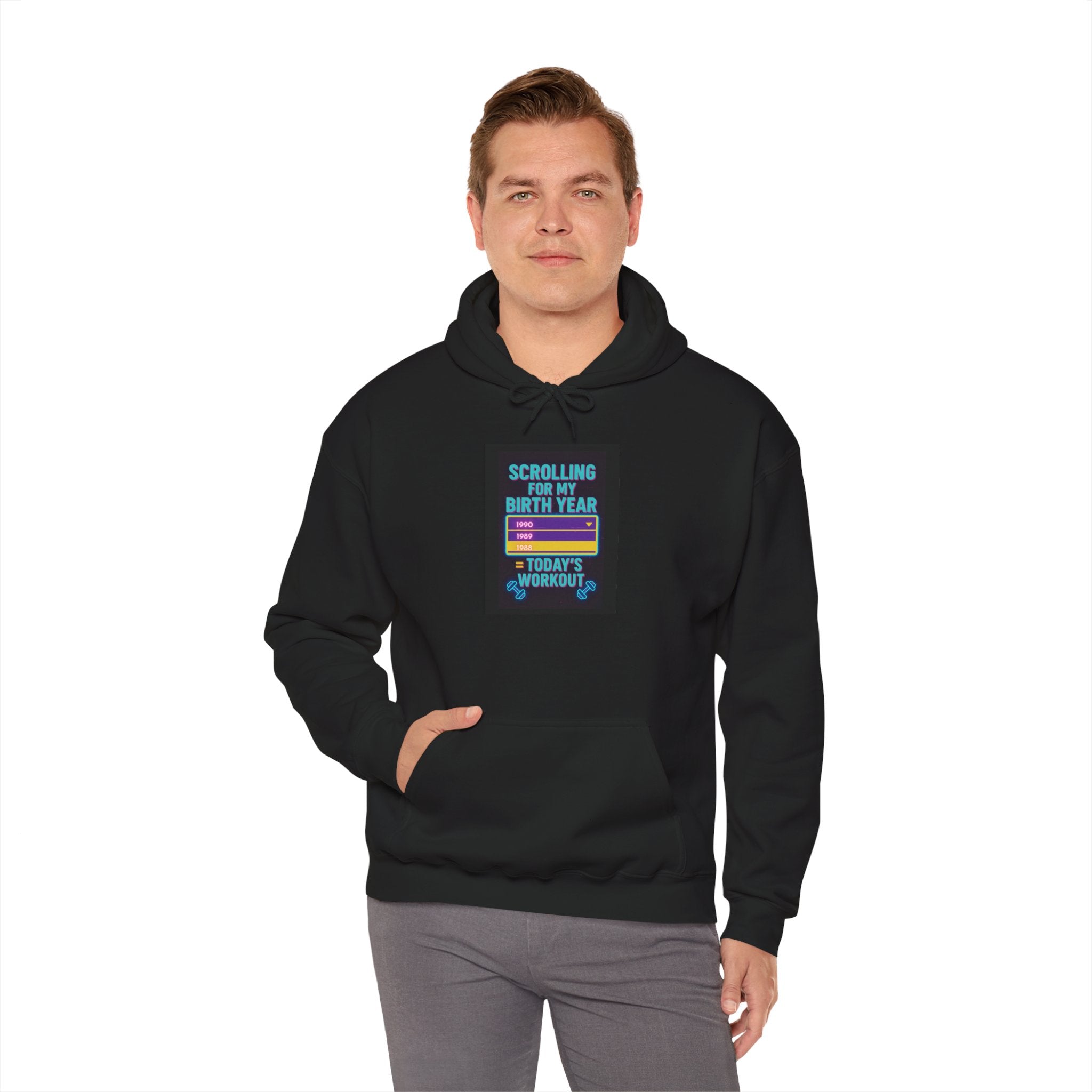 Funny Fitness Hoodie – "Scrolling for My Birth Year" Retro Graphic Sweatshirt