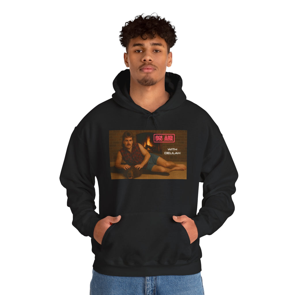 Retro Lounge Portrait Hoodie with Neon Radio Sign