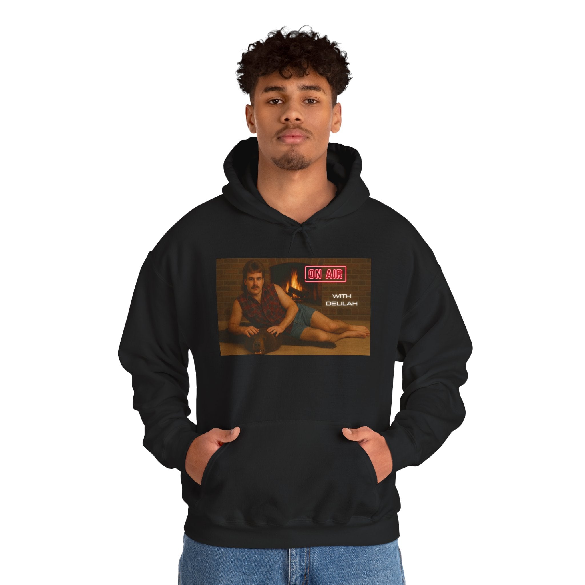 Retro Lounge Portrait Hoodie with Neon Radio Sign