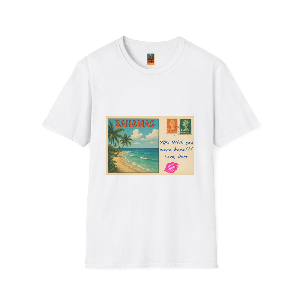 Bahamas Vintage Postcard T-Shirt | Tropical Beach, Palm Trees, Kiss Mark